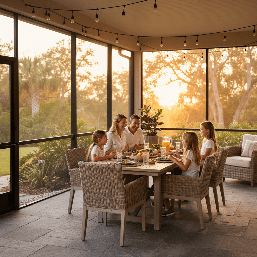 Family enjoying a screened patio in warm evening light