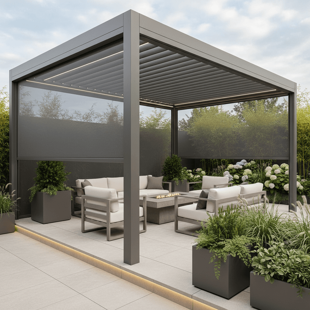 Beautiful patio with retractable screens overlooking a garden