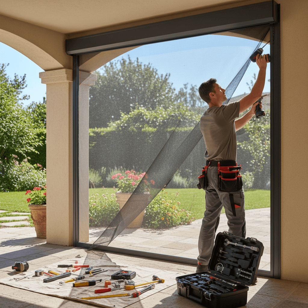 Professional installer mounting a retractable screen system
