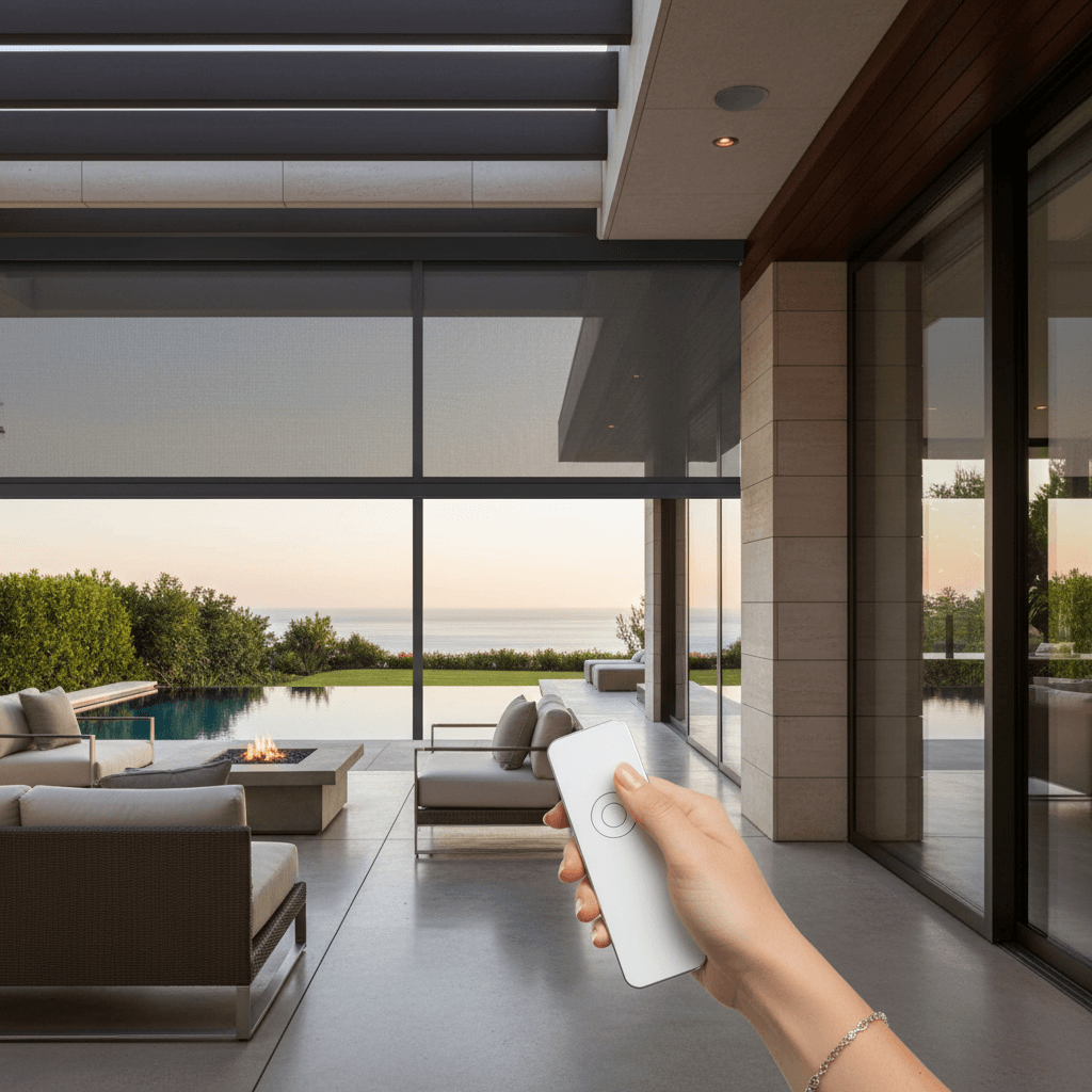 Motorized retractable screen system on a luxury patio
